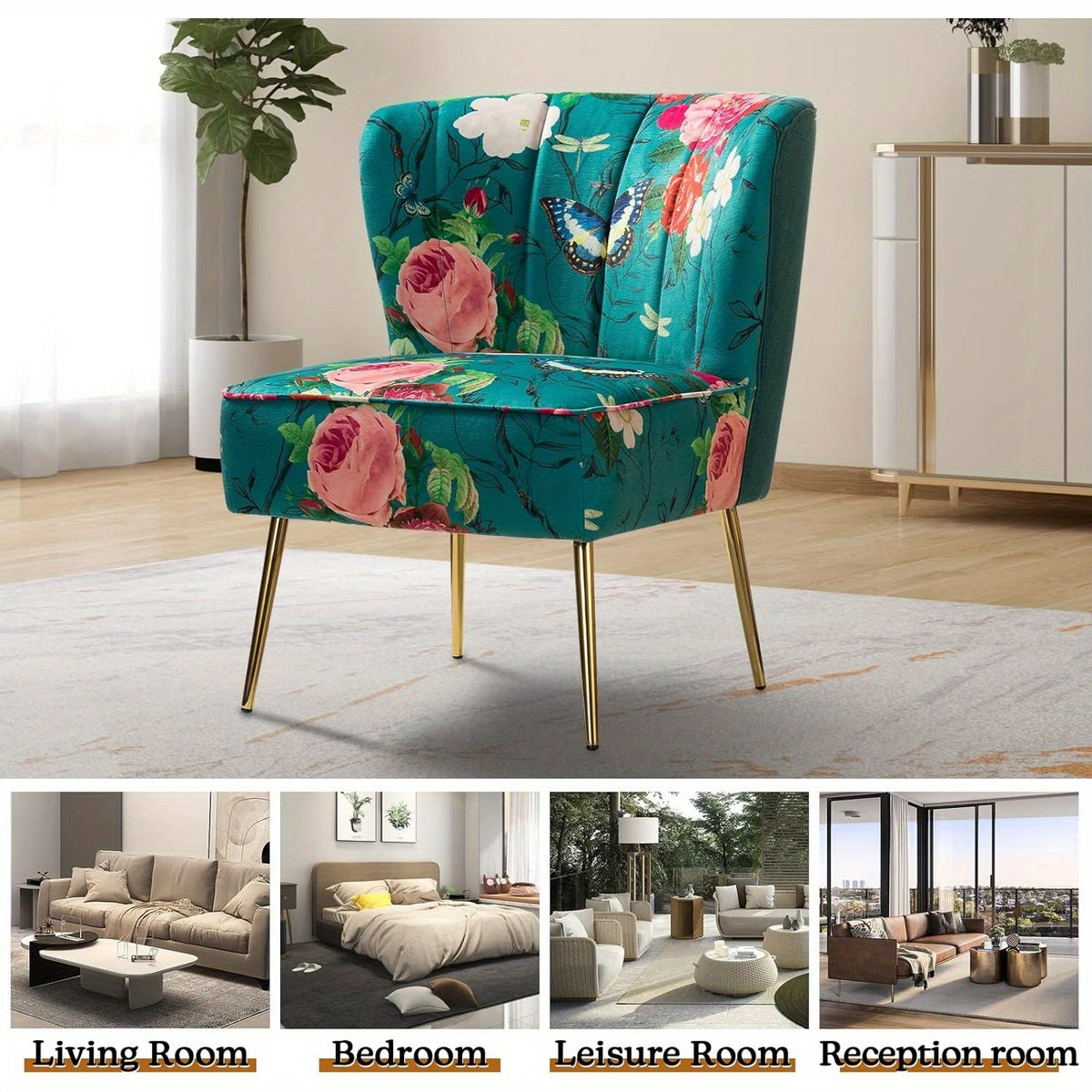 Accent Chair with Golden Metal Legs, Comfy Tufted Wingback Living Room Chair Floral Fabric Small Armless Side Chair, Upholstered Slipper Chair for Bedroom, Stadium Seats for Sports Fields, Sport Event, Reading Room (Flower Print)