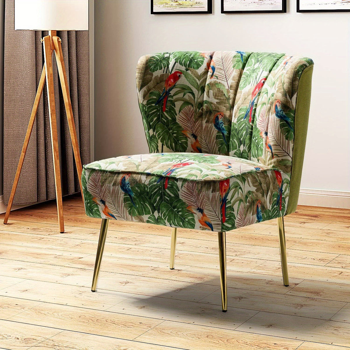 Accent Chair with Golden Metal Legs, Comfy Tufted Wingback Living Room Chair Floral Fabric Small Armless Side Chair, Upholstered Slipper Chair for Bedroom, Stadium Seats for Sports Fields, Sport Event, Reading Room (Flower Print)
