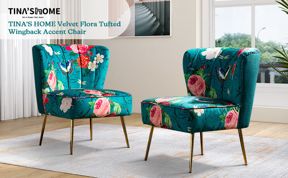 Accent Chair with Golden Metal Legs, Comfy Tufted Wingback Living Room Chair Floral Fabric Small Armless Side Chair, Upholstered Slipper Chair for Bedroom, Stadium Seats for Sports Fields, Sport Event, Reading Room (Flower Print)