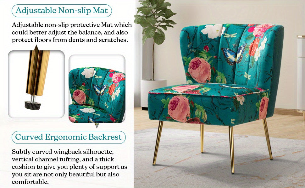Accent Chair with Golden Metal Legs, Comfy Tufted Wingback Living Room Chair Floral Fabric Small Armless Side Chair, Upholstered Slipper Chair for Bedroom, Stadium Seats for Sports Fields, Sport Event, Reading Room (Flower Print)