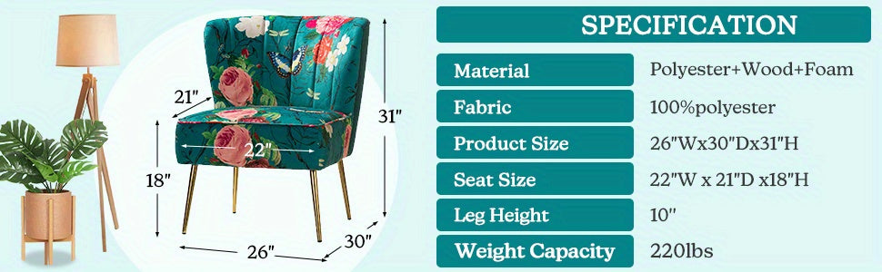 Accent Chair with Golden Metal Legs, Comfy Tufted Wingback Living Room Chair Floral Fabric Small Armless Side Chair, Upholstered Slipper Chair for Bedroom, Stadium Seats for Sports Fields, Sport Event, Reading Room (Flower Print)