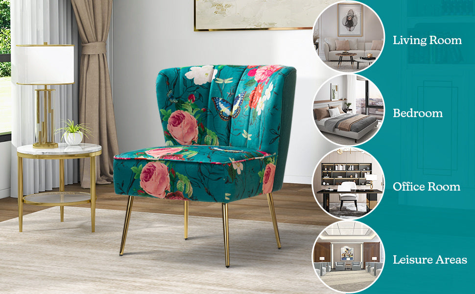 Accent Chair with Golden Metal Legs, Comfy Tufted Wingback Living Room Chair Floral Fabric Small Armless Side Chair, Upholstered Slipper Chair for Bedroom, Stadium Seats for Sports Fields, Sport Event, Reading Room (Flower Print)