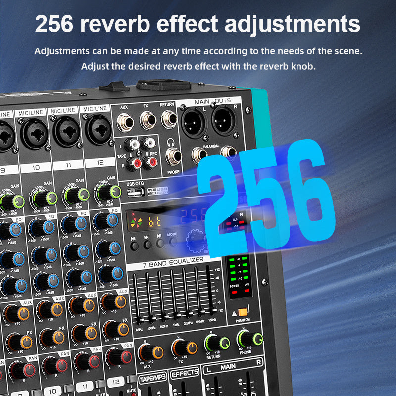 Professional 12 Channel USB Mixer with 256 Reverb Effects And 48V Phantom Power Supply Supporting Wireless Connection on Mobile Phones - Leading The Music Trend!