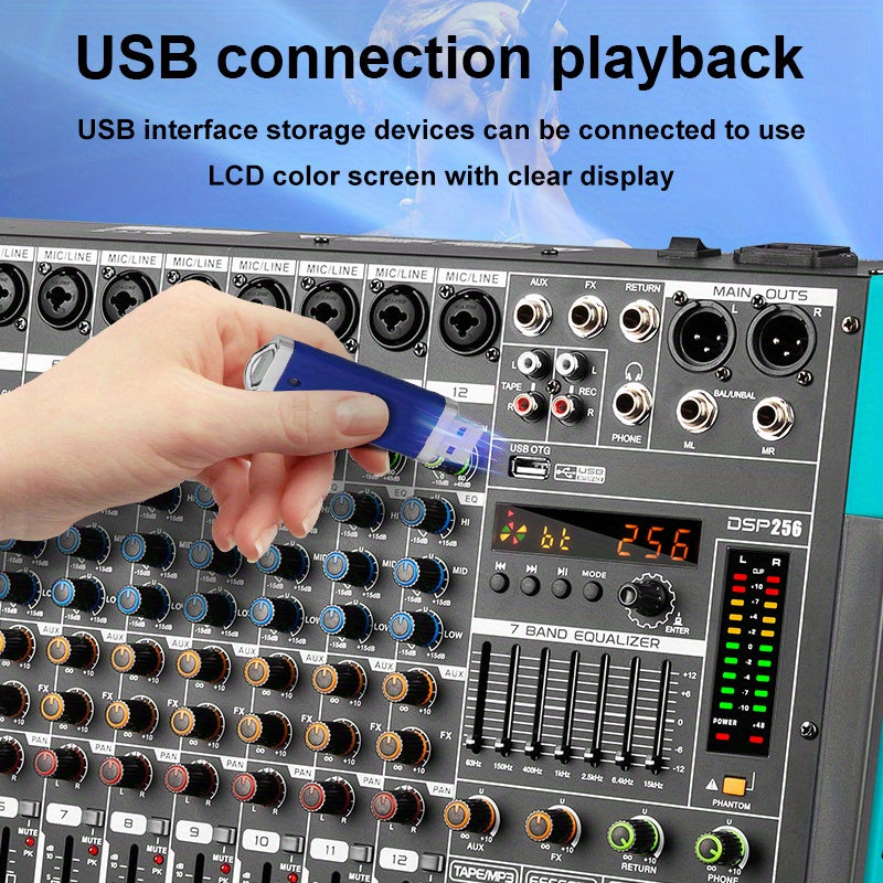 Professional 12 Channel USB Mixer with 256 Reverb Effects And 48V Phantom Power Supply Supporting Wireless Connection on Mobile Phones - Leading The Music Trend!