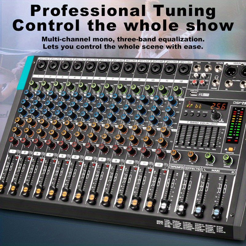 Professional 12 Channel USB Mixer with 256 Reverb Effects And 48V Phantom Power Supply Supporting Wireless Connection on Mobile Phones - Leading The Music Trend!