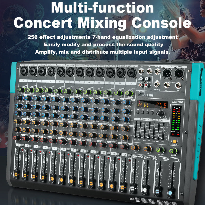 Professional 12 Channel USB Mixer with 256 Reverb Effects And 48V Phantom Power Supply Supporting Wireless Connection on Mobile Phones - Leading The Music Trend!
