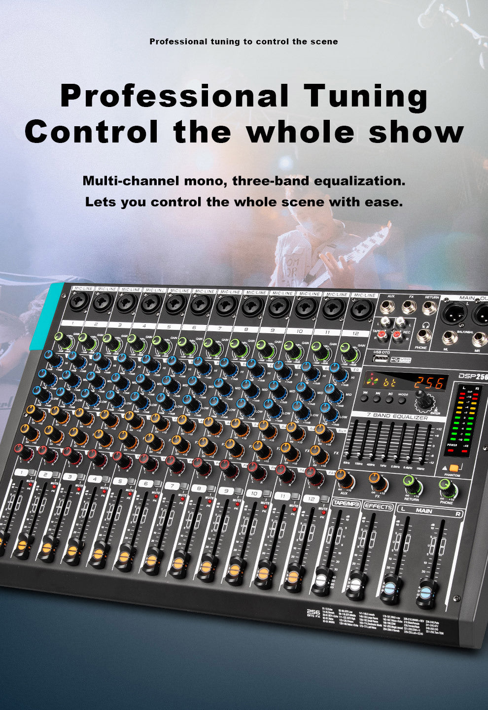 Professional 12 Channel USB Mixer with 256 Reverb Effects And 48V Phantom Power Supply Supporting Wireless Connection on Mobile Phones - Leading The Music Trend!