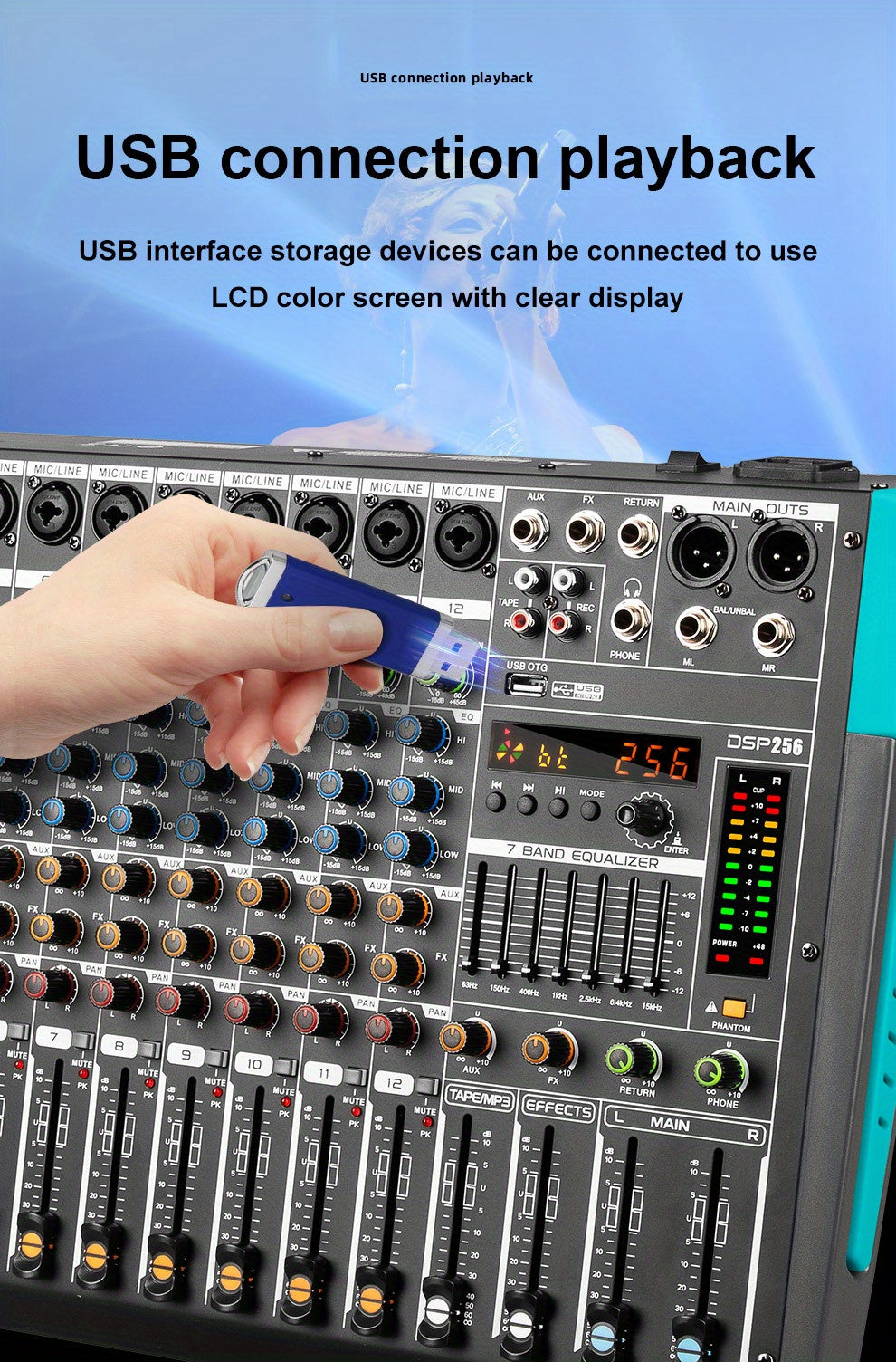 Professional 12 Channel USB Mixer with 256 Reverb Effects And 48V Phantom Power Supply Supporting Wireless Connection on Mobile Phones - Leading The Music Trend!