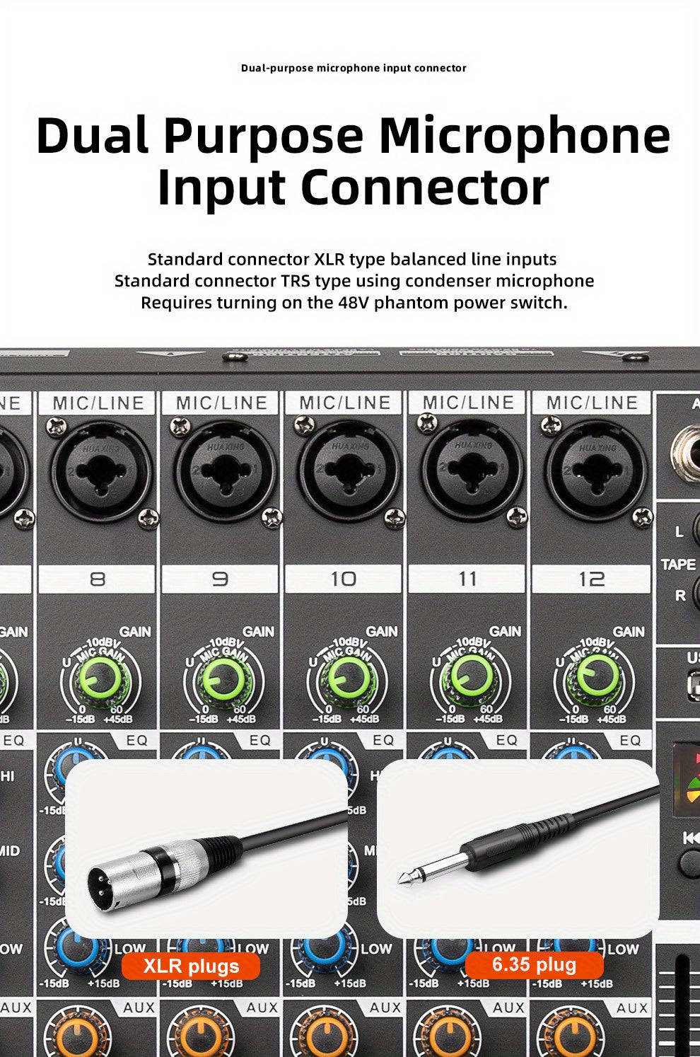 Professional 12 Channel USB Mixer with 256 Reverb Effects And 48V Phantom Power Supply Supporting Wireless Connection on Mobile Phones - Leading The Music Trend!