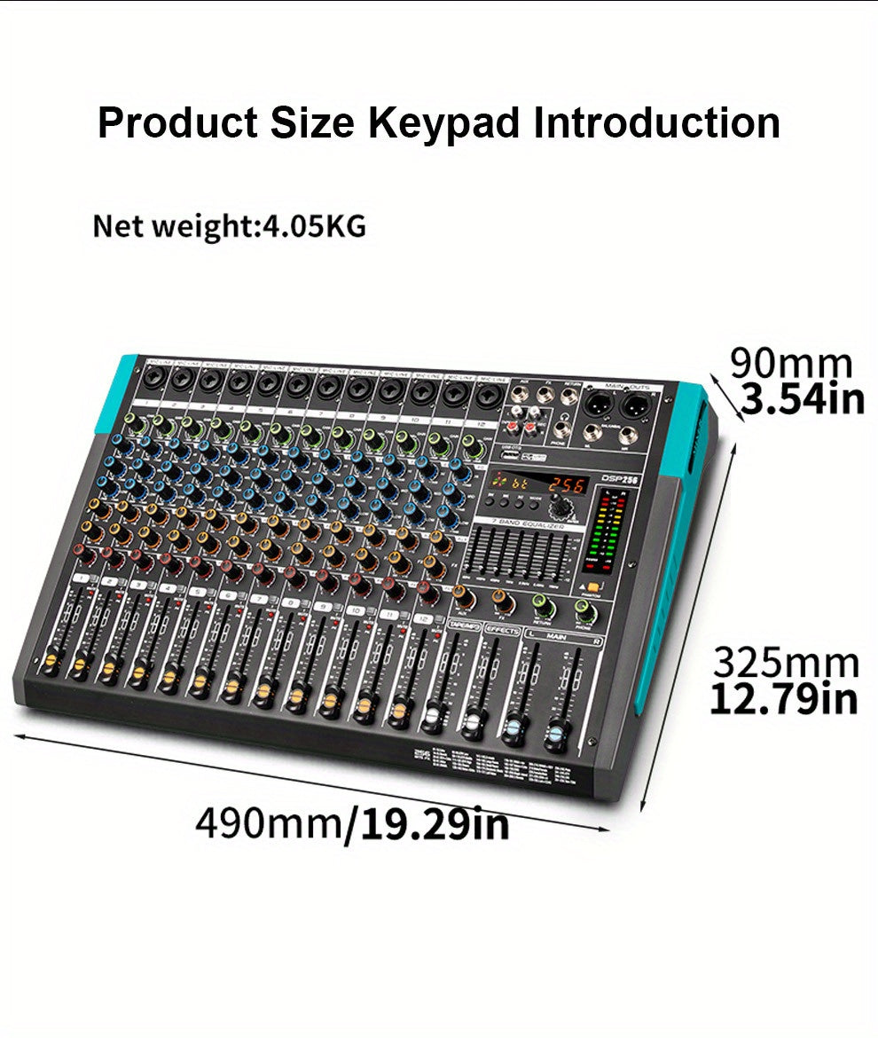 Professional 12 Channel USB Mixer with 256 Reverb Effects And 48V Phantom Power Supply Supporting Wireless Connection on Mobile Phones - Leading The Music Trend!