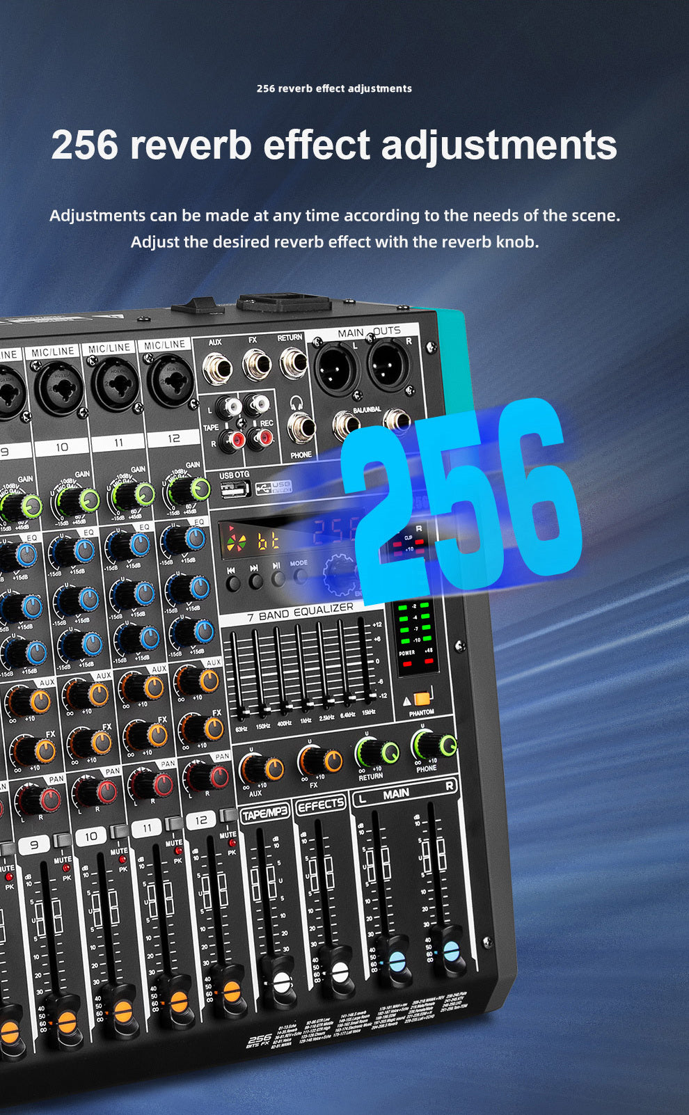 Professional 12 Channel USB Mixer with 256 Reverb Effects And 48V Phantom Power Supply Supporting Wireless Connection on Mobile Phones - Leading The Music Trend!