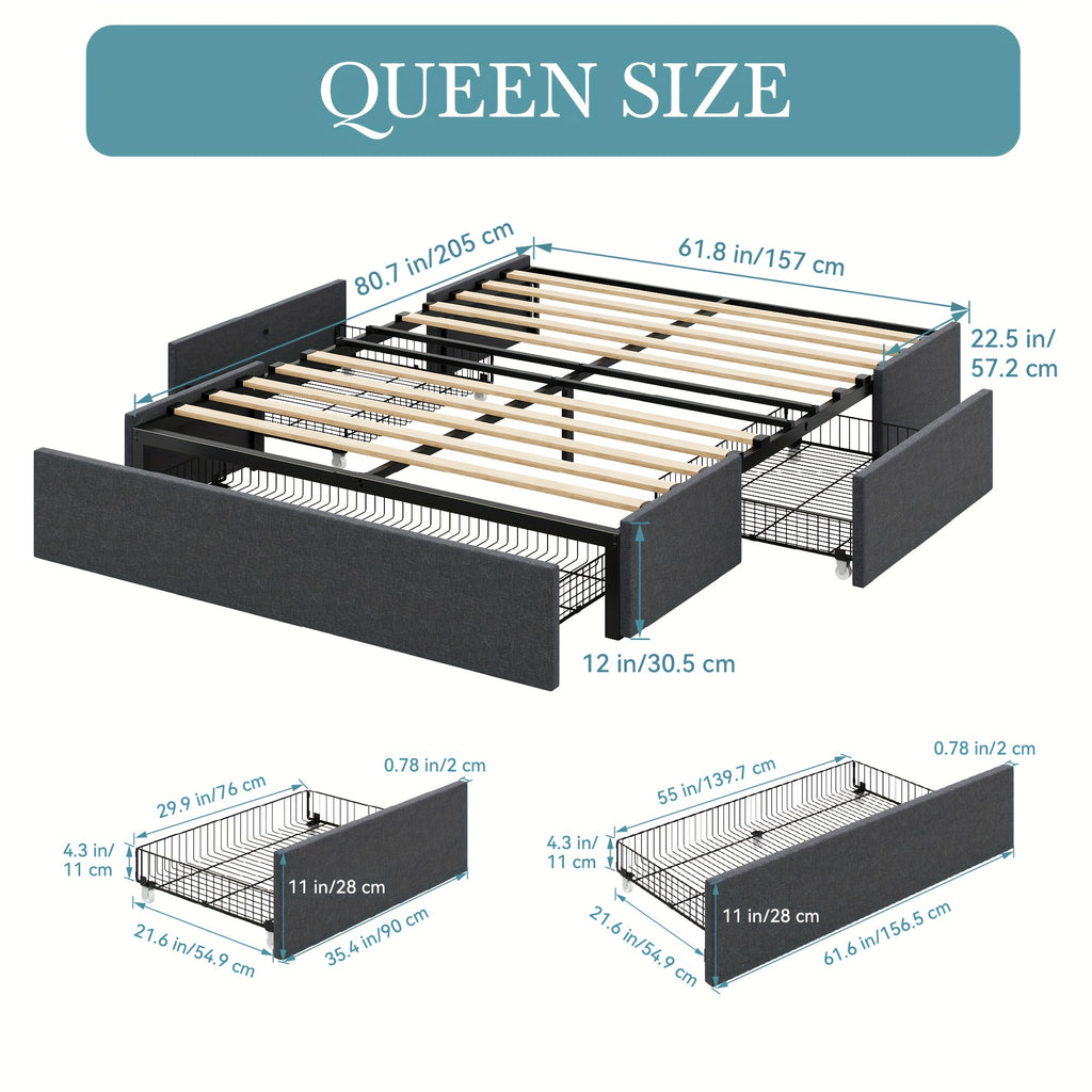 HOOMIC Full/Queen Size Platform Bed Frame with 3 Storage Drawers, Linen Fabric/Faux Leather Upholstered, Headboard Compatible, Wooden Slat Support, No Box Spring Needed, Noise Free, Dark Grey/Black