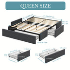 HOOMIC Full/Queen Size Platform Bed Frame with 3 Storage Drawers, Linen Fabric/Faux Leather Upholstered, Headboard Compatible, Wooden Slat Support, No Box Spring Needed, Noise Free, Dark Grey/Black