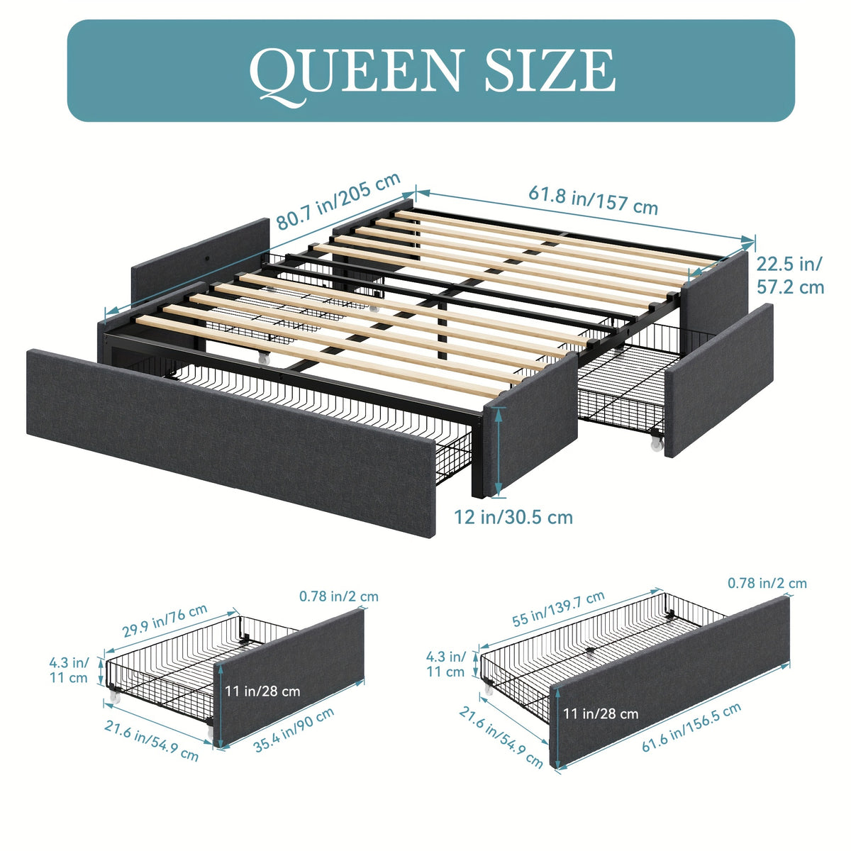 HOOMIC Full/Queen Size Platform Bed Frame with 3 Storage Drawers, Linen Fabric/Faux Leather Upholstered, Headboard Compatible, Wooden Slat Support, No Box Spring Needed, Noise Free, Dark Grey/Black