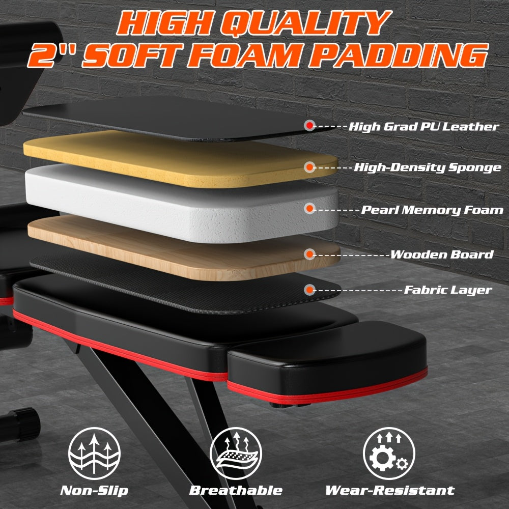 Adjustable & Multifunctional Workout Bench, 800Lbs Weight Capacity, Heavy Duty Weight Bench for Home Gym with Cushion Headrest, Leg Developer, Preacher Curl Pad, Foldable Design Strength Training Bench