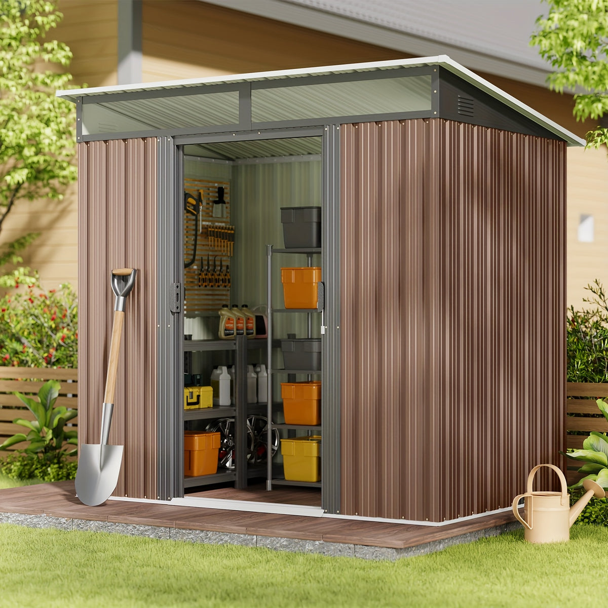 Metal Storage Shed with Lockable Sliding Doors and Transparent Windows for Outdoor Tools and Bikes, 6x4 FT or 8x6 FT