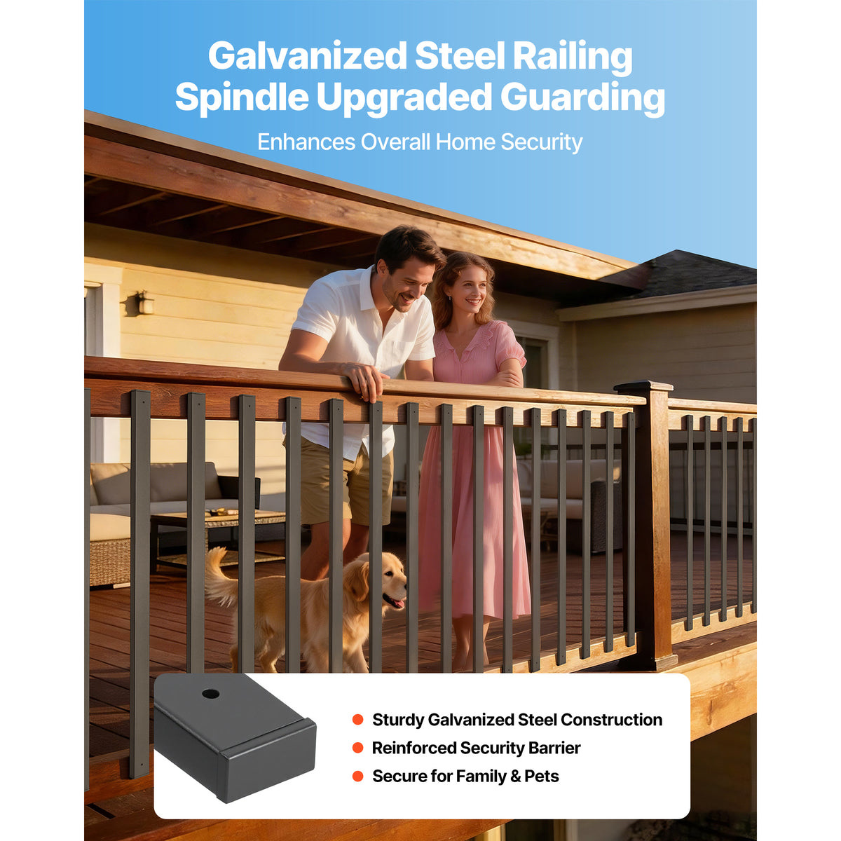 VEVOR 61 Pack Deck Balusters, 32.28 in Galvanized Steel Railing Spindles, Hollow Rectangle Metal Decking Stair Balusters with Pre-Drilled Hole, End Caps, Screws, for Deck, Porch & Stair Railing, Black