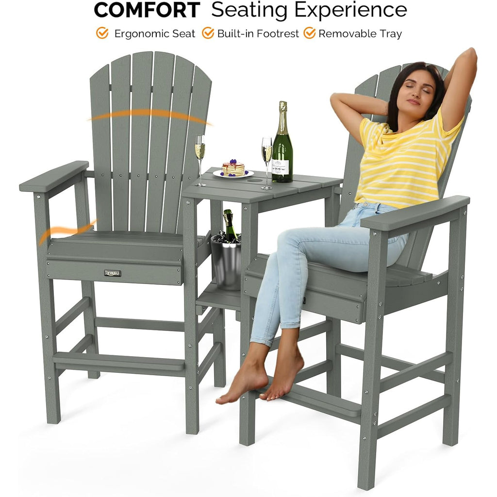 Tall Adirondack Chairs Set of 2 HDPE Balcony Chair with Double Connecting Tray Weather Resistant Outdoor Bar Stools for Patio Deck Lawn Pool Backyard Black
