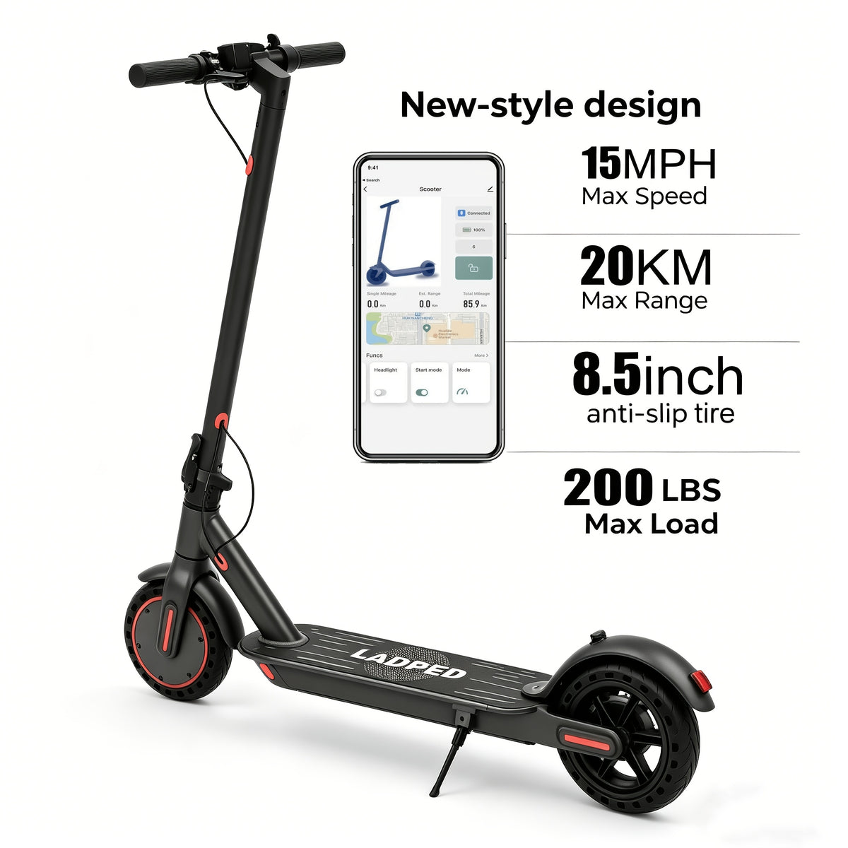 Smart APP Controlled Adult Foldable E-Scooter, 350W Motor, Long Range, 8.5" Anti-Slip Solid Tires, Clear LCD Dashboard, 3 Speed Settings, Dual Brakes, LED Front & Rear Lights, Built-in Bell, Durable Aluminum Alloy Frame, 265 LBS Weight Capacity