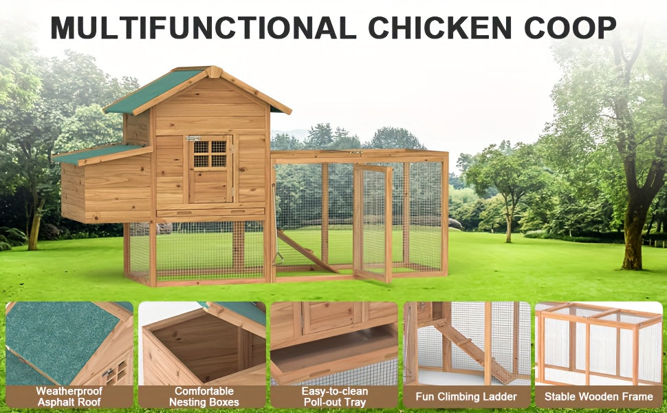 GOJOOASIS 80" Chicken Coop For 2-4 Chickens Outdoor Wooden Hen House Poultry Pet Hutch For Backyard W/Run Cage & Nesting Box, Without Battery
