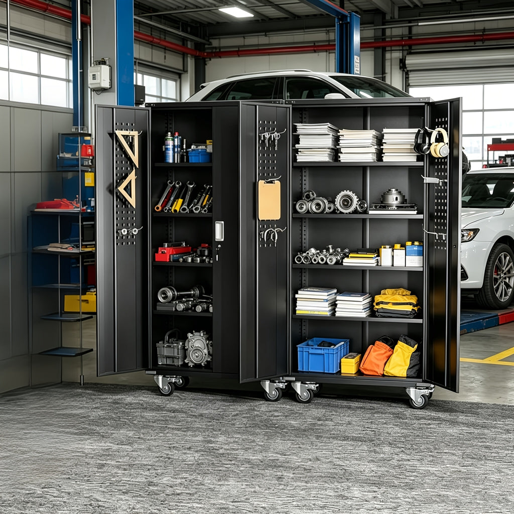 Metal Storage Cabinet with Wheels, Pegboards, Locking Doors And 4 Adjustable Shelves, 71"H/72"H/73"H Tool Cabinet for Garage, Home, Basement, Kitchen