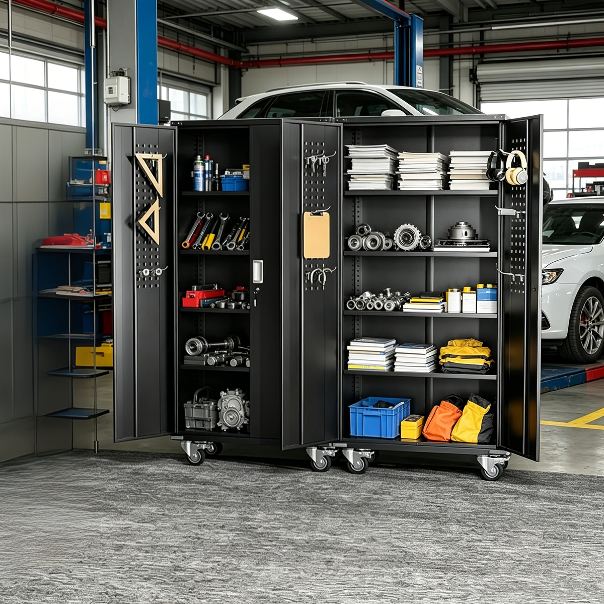 Metal Storage Cabinet with Wheels, Pegboards, Locking Doors And 4 Adjustable Shelves, 71"H/72"H/73"H Tool Cabinet for Garage, Home, Basement, Kitchen