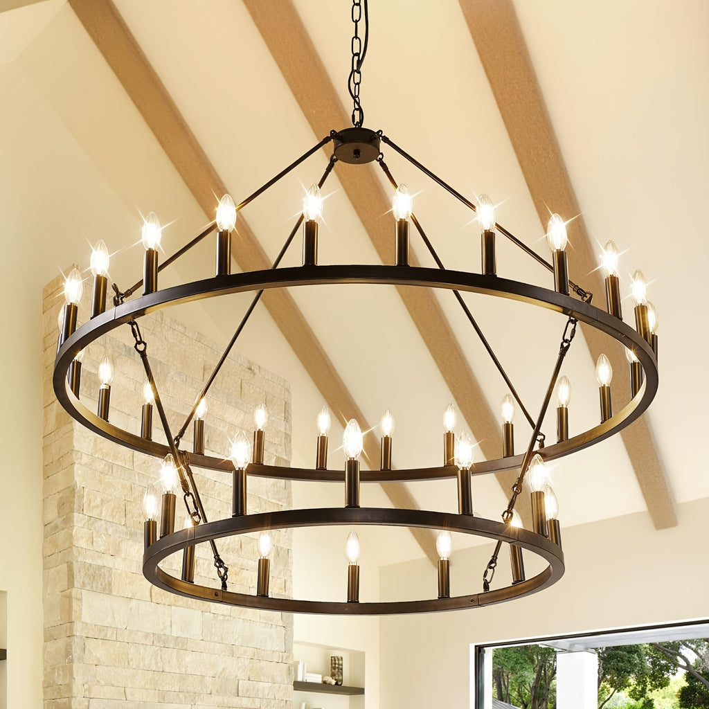 [Modern Farmhouse Chandelier] Modern Farmhouse Chandelier 2 Tier Round Wheel Chandelier Large High Ceiling Light