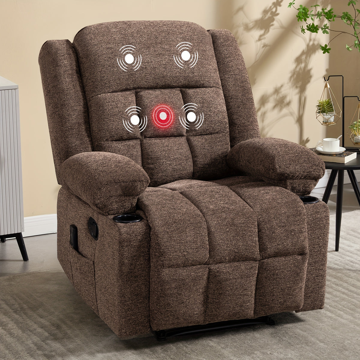 Manual Recliner Chair with Massage And Heat Ergonomic Overstuffed Breathable Fabric Reclining Chair with 2 Side Pockets, 2 Cup Holders, Remote Control, for Game & Recreation Room Furniture