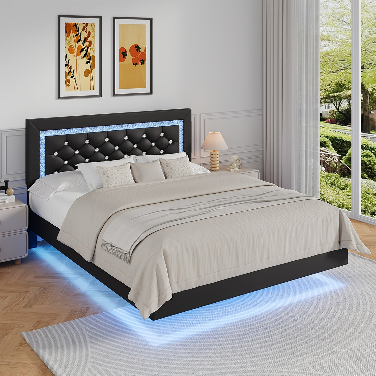 Twin Full Queen King Size Floating Black/White/Pink Bed Frame with LED Lights, Platform Bed with Diamond Tufted Headboard, Wood Bed Frame, Bed Frame Queen Size No Box Spring Needed, Noise Free, Easy Assembly, Black/White/Pink