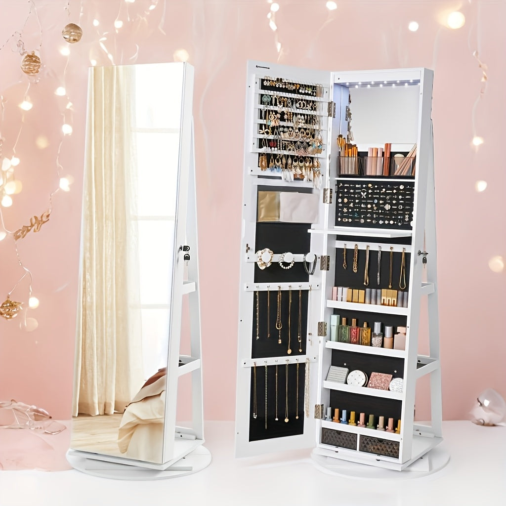 6 LEDs Lockable Mirror Jewelry Cabinet, 360° Swivel Jewelry Organizer Armoire Standing, Frameless Full-Length Mirror, 3 Storage Shelves, Christmas Gifts, Jewelry Armoires