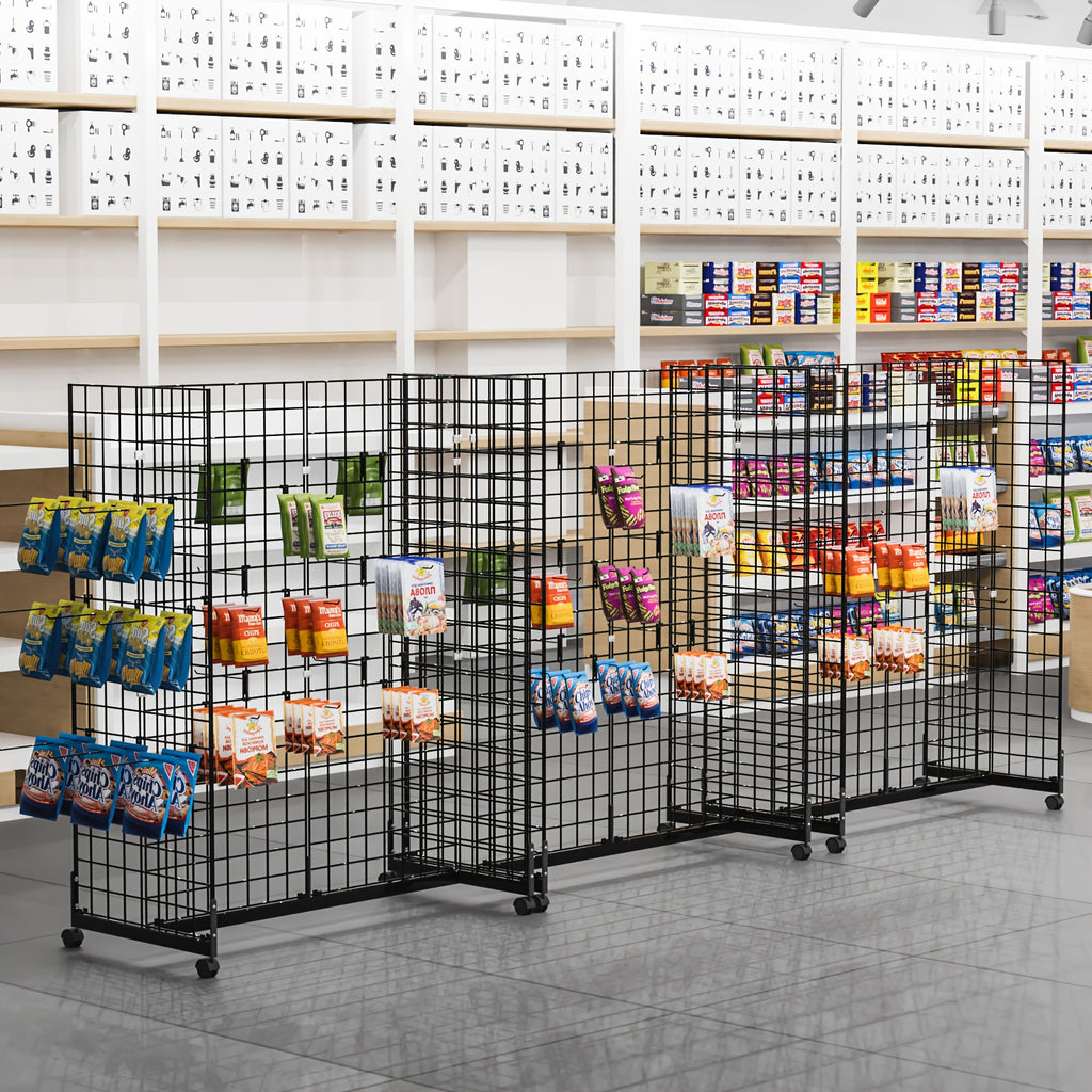 Bonnlo 5' X 2' Floorstanding Gondola Grid Wall Tower, Wire Grid Panel With Rolling Base And Hooks For Retail Display