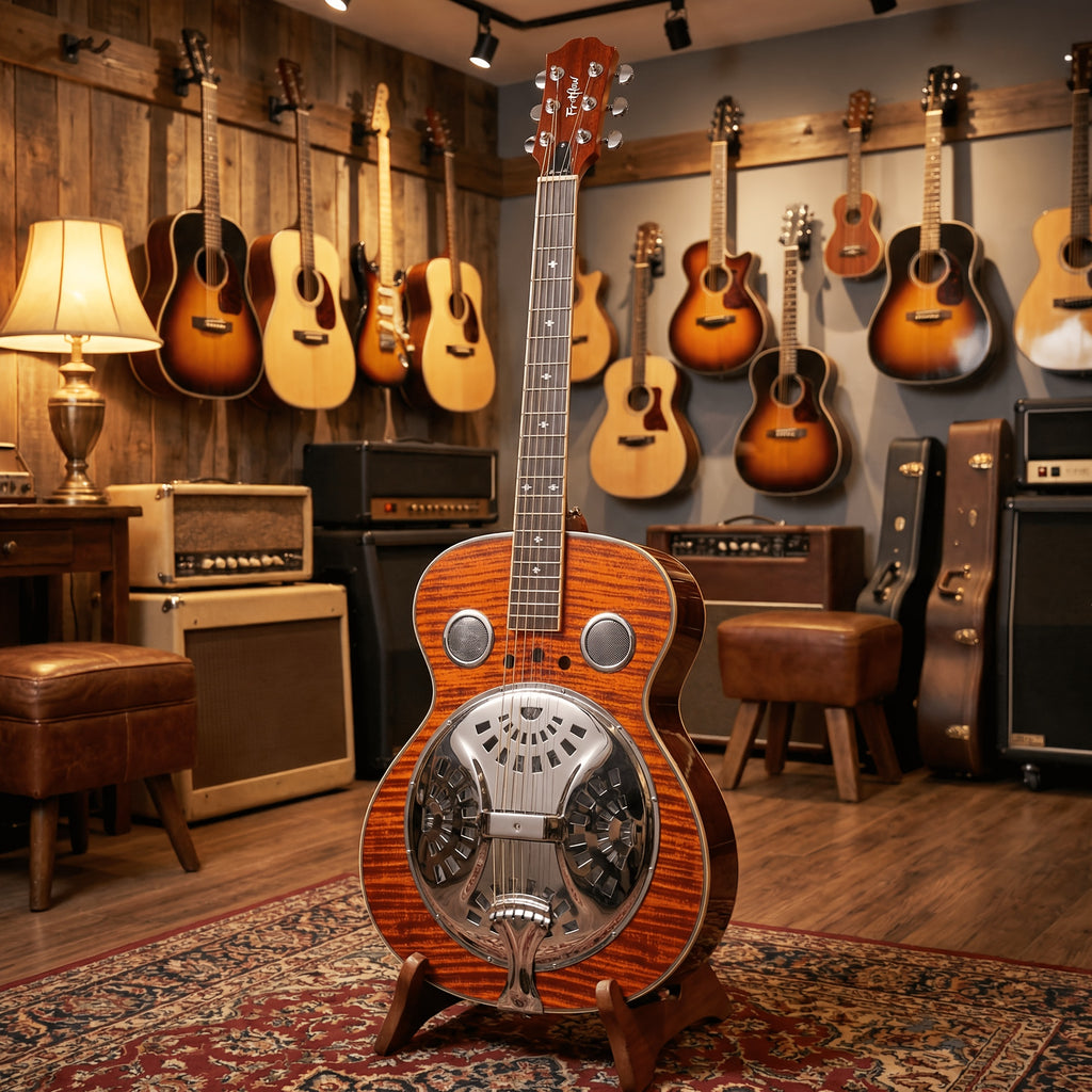 Acoustic Resonator Guitar Full Size 40 Inch Steel String, Beginner Acoustic Guitar Kit With Strap Capo Picks Wrench, Country Bluegrass Folk Blues Slide Fingerpicking Right Handed, Spruce Top Amber Orange Holiday Birthday Gift Musical Instrument