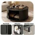 Round Coffee Table, 32-Inch Modern Wooden Center Table with Sliding-Door Storage for Living Rooms and Apartments