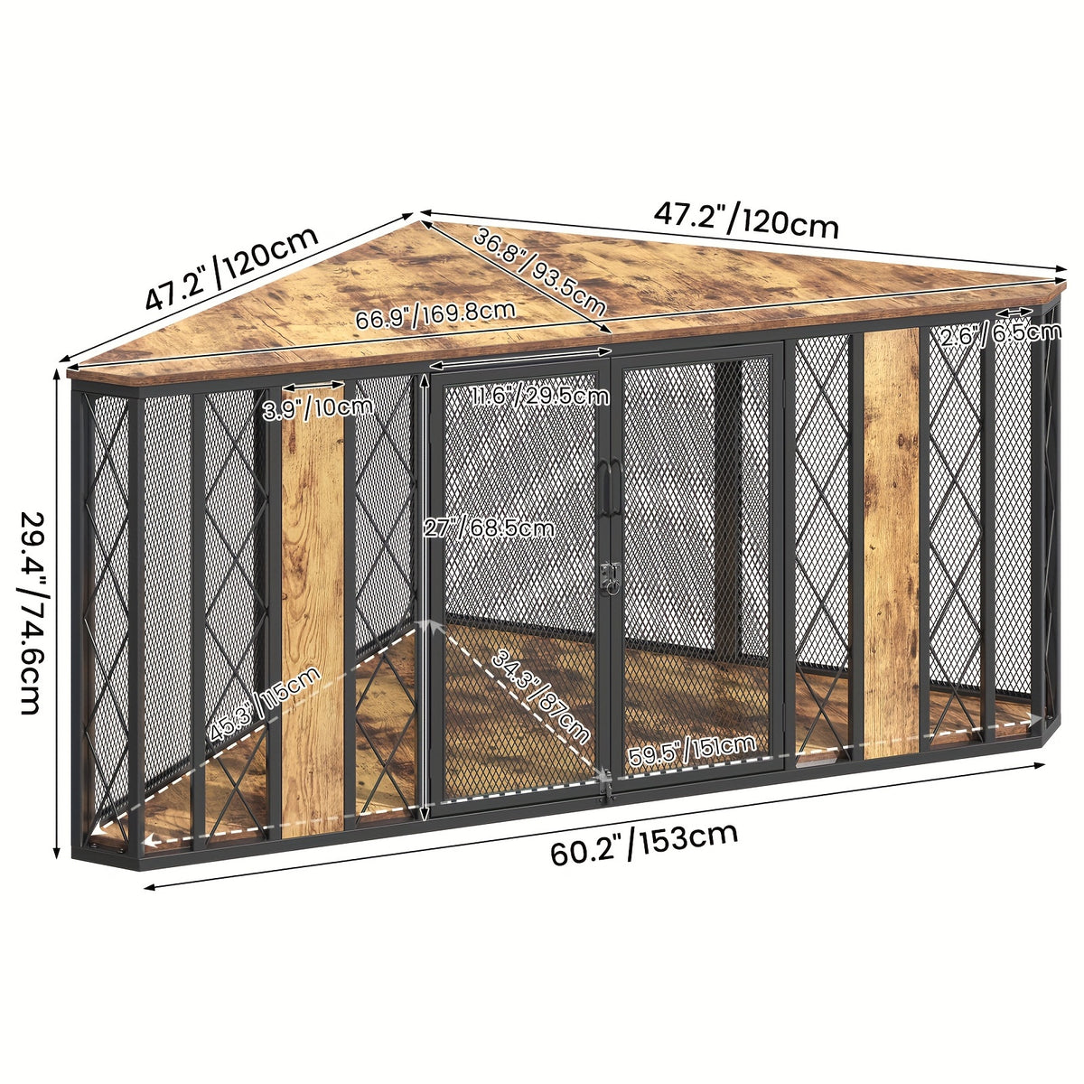 66 Inch Heavy-Duty Large Corner Dog Crate - XL Wood Kennel Cage with Double Doors & Lockable Panels, Spacious Multi-Section Furniture Pet Enclosure for Dogs (Great Danes, Mastiffs) - Sturdy Modern Design /Outdoor Use