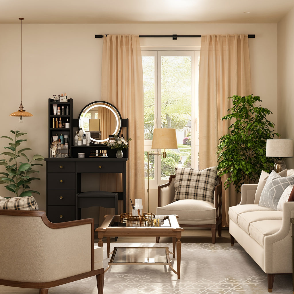 Unique Black Dressing Table Set, With LED Light Mirror, Open Storage Shelves And Stool, Modern Bedroom Dressing Table, Black