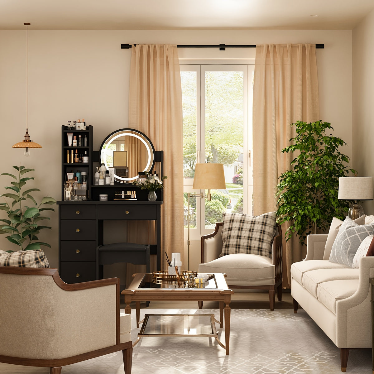 Unique Black Dressing Table Set, With LED Light Mirror, Open Storage Shelves And Stool, Modern Bedroom Dressing Table, Black
