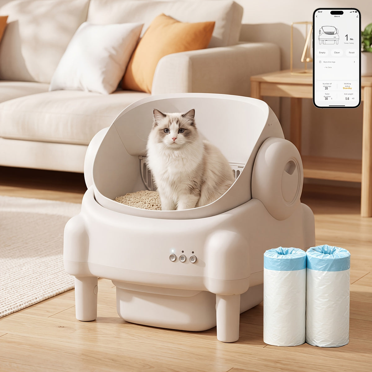 ECORUI Self Cleaning Litter Box, Automatic with App Control for Multiple Cats, Safety Sensors, Odor Control, Large Waste Bin, Includes 2 Liners, Cream White, Certified Refurbished