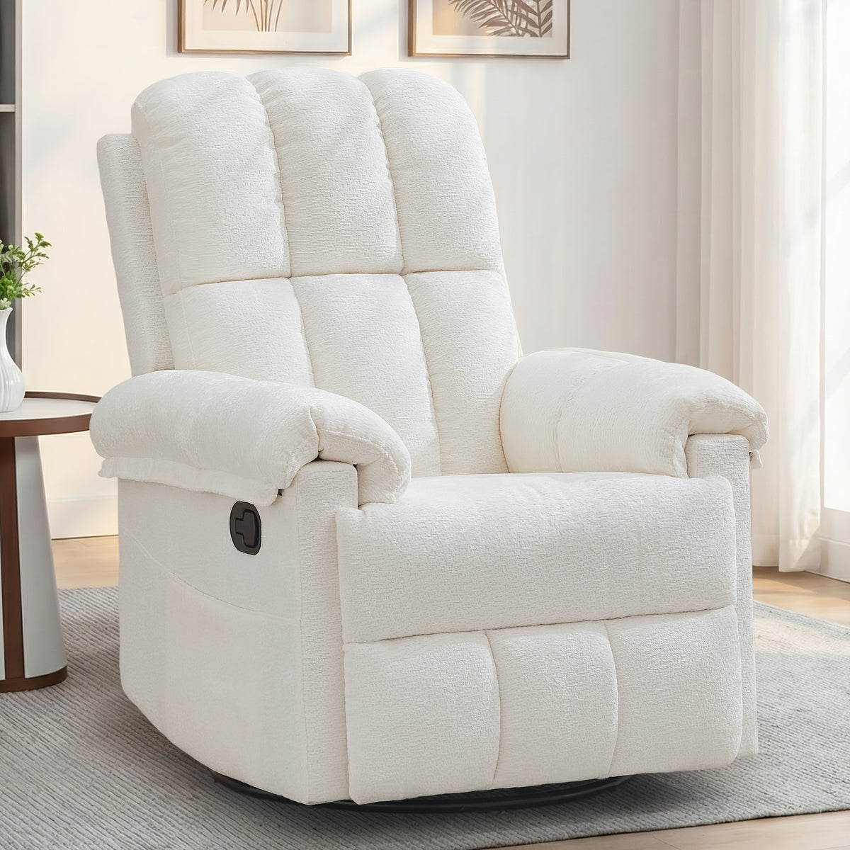 Living Room Single Chair, 360° Swivel Rocking Chair, Manual Rocking Chair for Small Spaces, Rocking Chair with Side Pockets And Armrest Storage, Deep Seat Cushion And Plush Backrest, Chenille Fabric, a Recliner Suitable for The Living Room