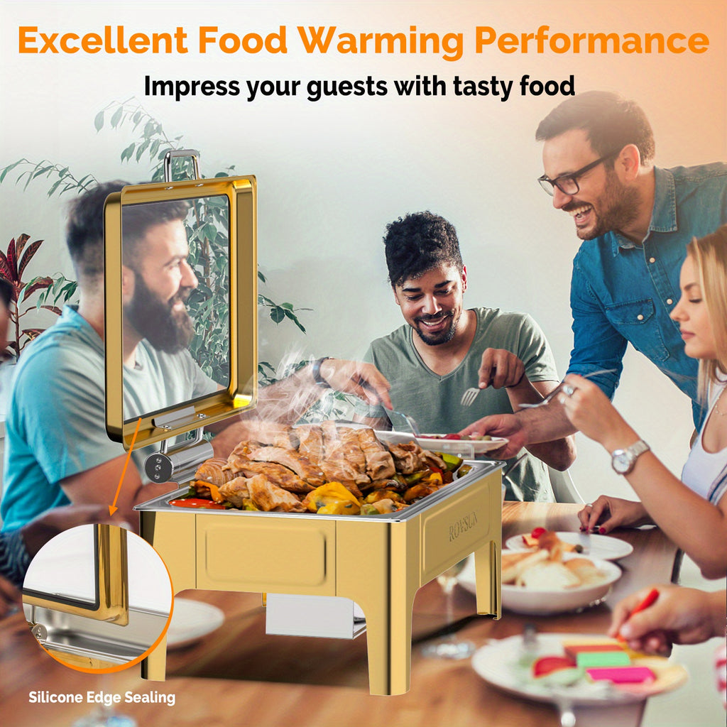 9QT square 304 stainless steel hot pot, hydraulic glass cover and food pot - golden buffet heater, suitable for catering, parties, events and home use only for cooking (1 pack))