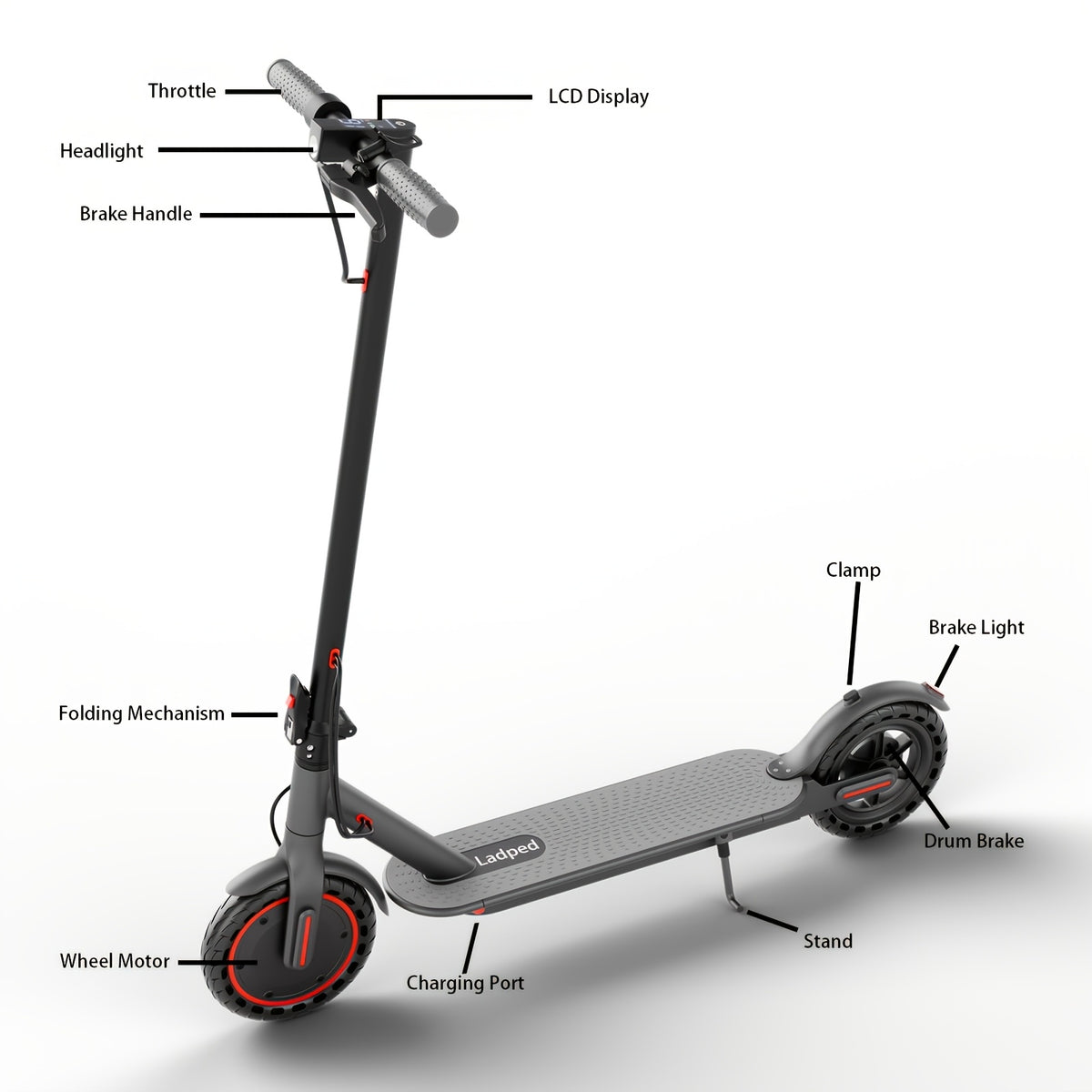 Smart APP Controlled Adult Foldable E-Scooter, 350W Motor, Long Range, 8.5" Anti-Slip Solid Tires, Clear LCD Dashboard, 3 Speed Settings, Dual Brakes, LED Front & Rear Lights, Built-in Bell, Durable Aluminum Alloy Frame, 265 LBS Weight Capacity