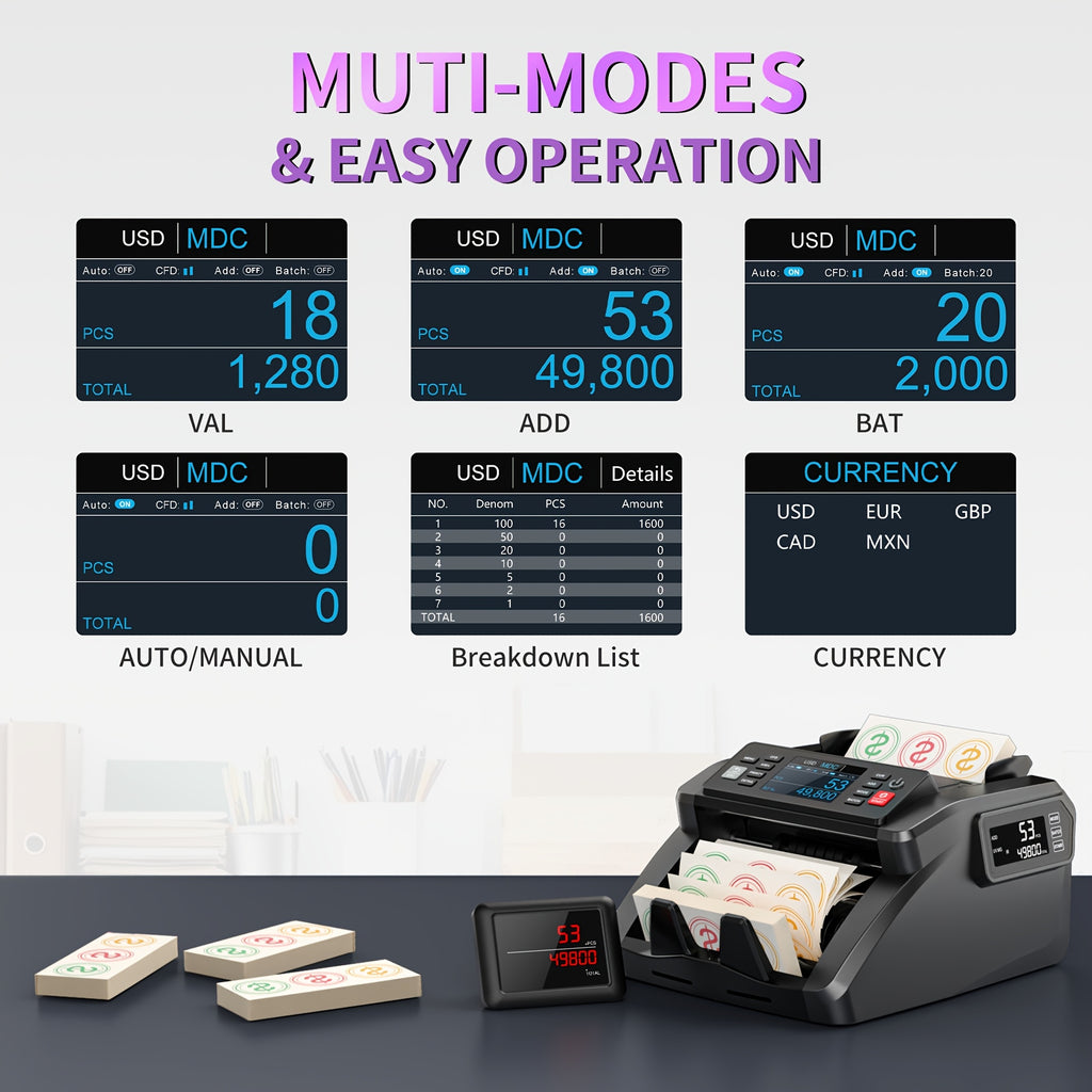 [Black Friday] Mixed Denomination Money Counter Machine, Value Counting, N70 Bill Counter With UV/MG/IR/MT Counterfeit Detection, 3.5" TFT Display Cash Counting Machine, Office Supplies, Black Friday