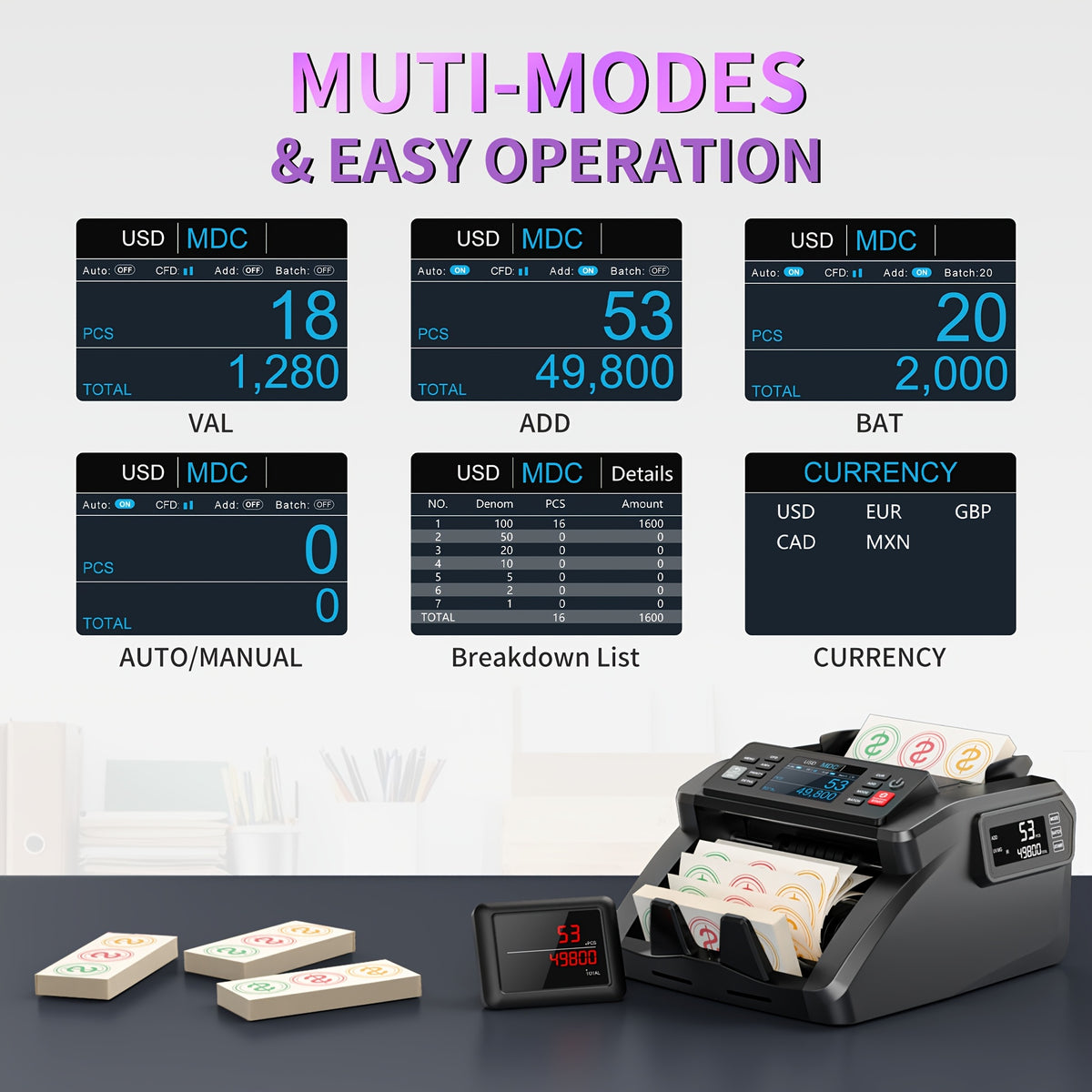 [Black Friday] Mixed Denomination Money Counter Machine, Value Counting, N70 Bill Counter With UV/MG/IR/MT Counterfeit Detection, 3.5" TFT Display Cash Counting Machine, Office Supplies, Black Friday