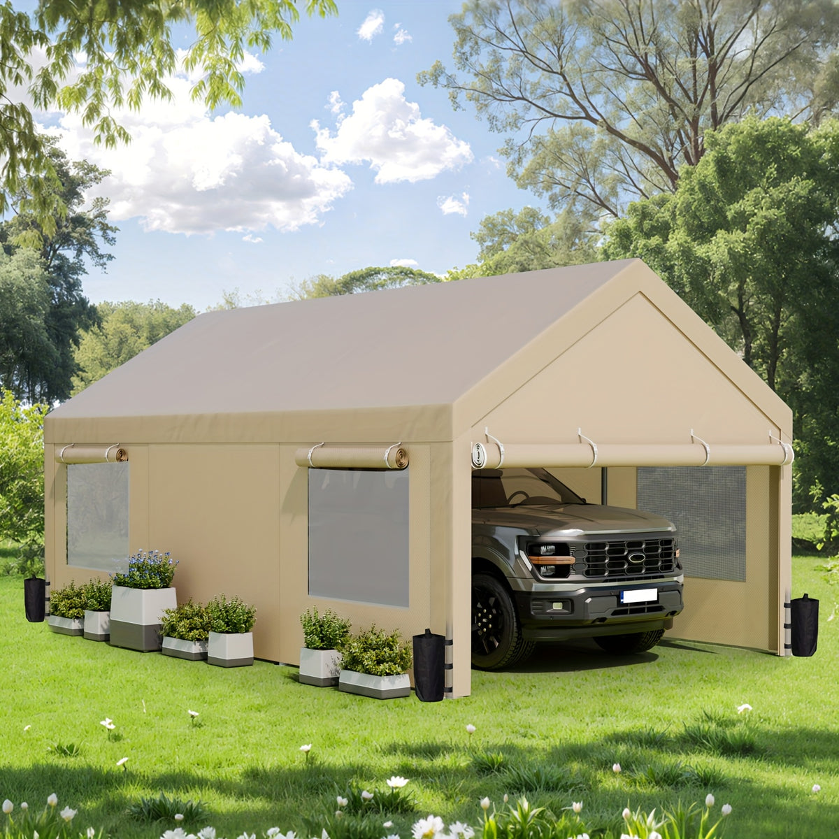 JAMFLY Sturdy Carport Featuring Roll-Up Ventilated Windows, Outdoor Canopy, Portable Garage Gazebo Equipped with Detachable Sidewalls & Doors for Vehicles, Truck, Boat, All-Season Tarp Car Canopy