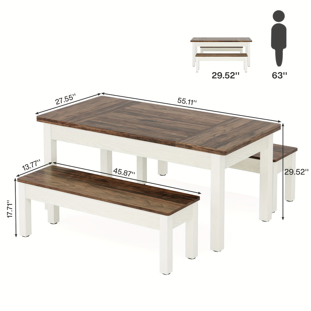 3pcs Dining Table Set with 2 Benches, 55-Inch Wood Kitchen Table Set for 4-6, Farmhouse Space-Saving Dinette for Kitchen, Dining Room