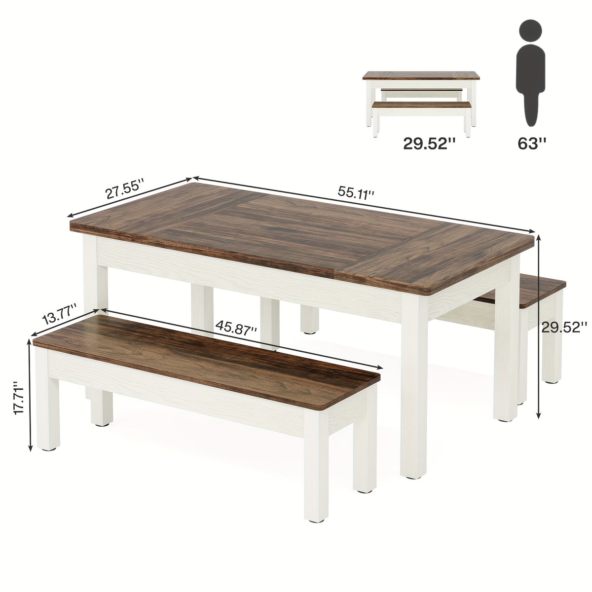 3pcs Dining Table Set with 2 Benches, 55-Inch Wood Kitchen Table Set for 4-6, Farmhouse Space-Saving Dinette for Kitchen, Dining Room