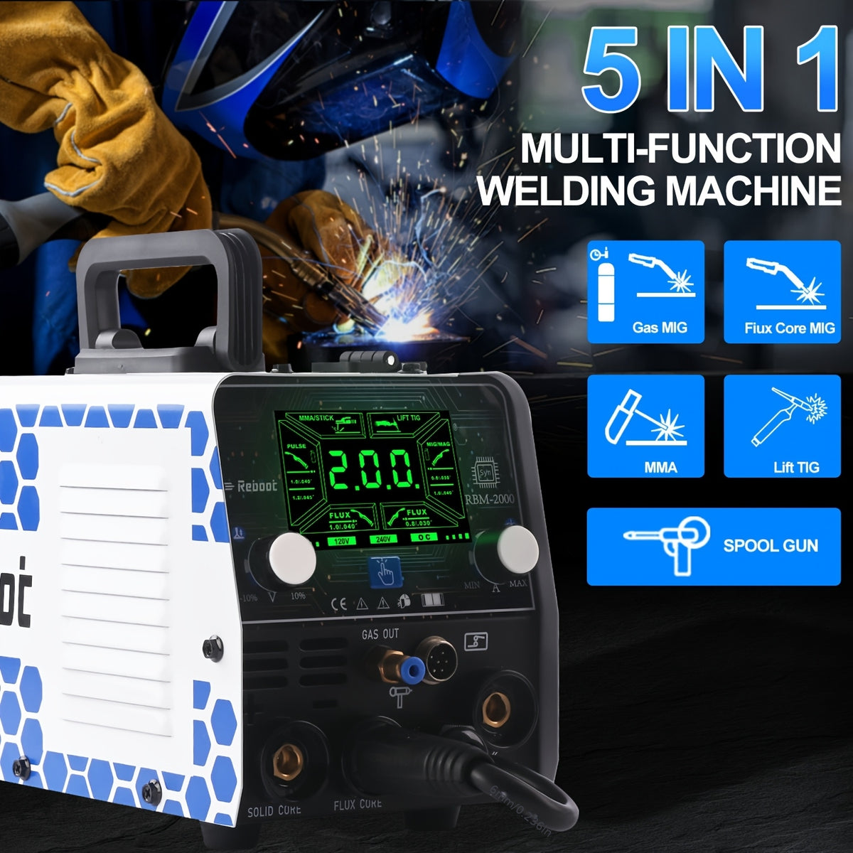 Reboot 200Amp MIG Welder 120V 240V 5in 1 Welding Machine, Multiprocess for Gasless MIG Welder/Gas MIG/Lift TIG/Stick/Spot Welding with Synergy Dual Voltage Large LED Display