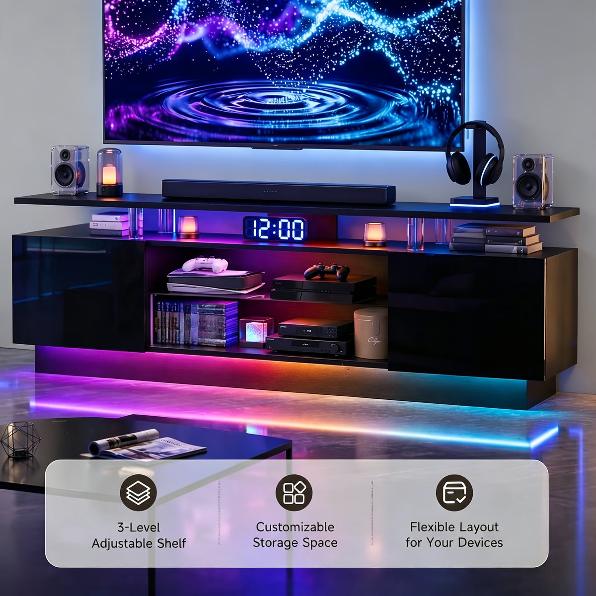 72"/82" High-Glossy TV Stand With 2 Side Cabinets, Modern Stylish TV Console With 3 Layer LED Lights, Gaming TV Media Console With Adjustable Glass Shelf, Black