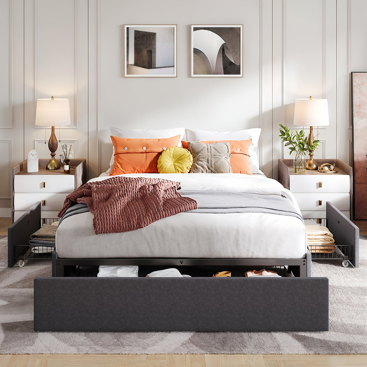 WEEWAY Storage Upholstered Platform Bed Frame, 3 Ample Storage Drawers, Large Under-Bed Space, Wooden Slats Support, No Box Spring Needed, Modern Mattress Foundation, Easy Assembly, Full/Queen Size, Black/Grey Color, for House to Live, Free Shipping