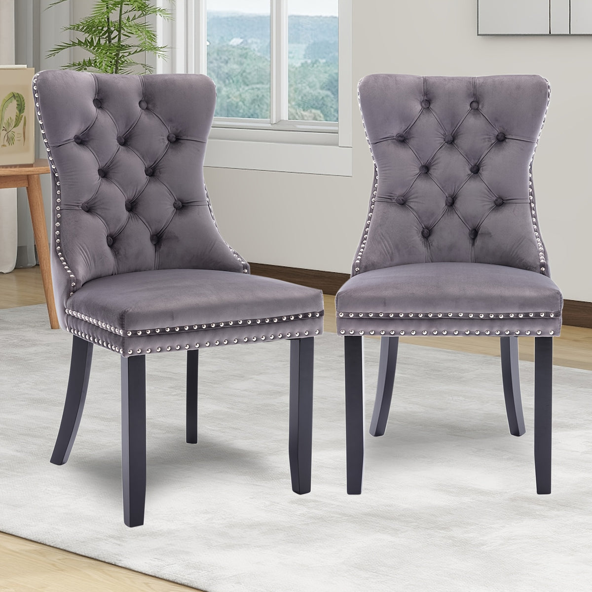 Velvet Upholstered Dining Chairs Set Of 2, Wingback Dining Room Chairs with Ring Pull Trim And Button Back, Luxury Tufted Dining Chair for Living Room, Bedroom, Kitchen