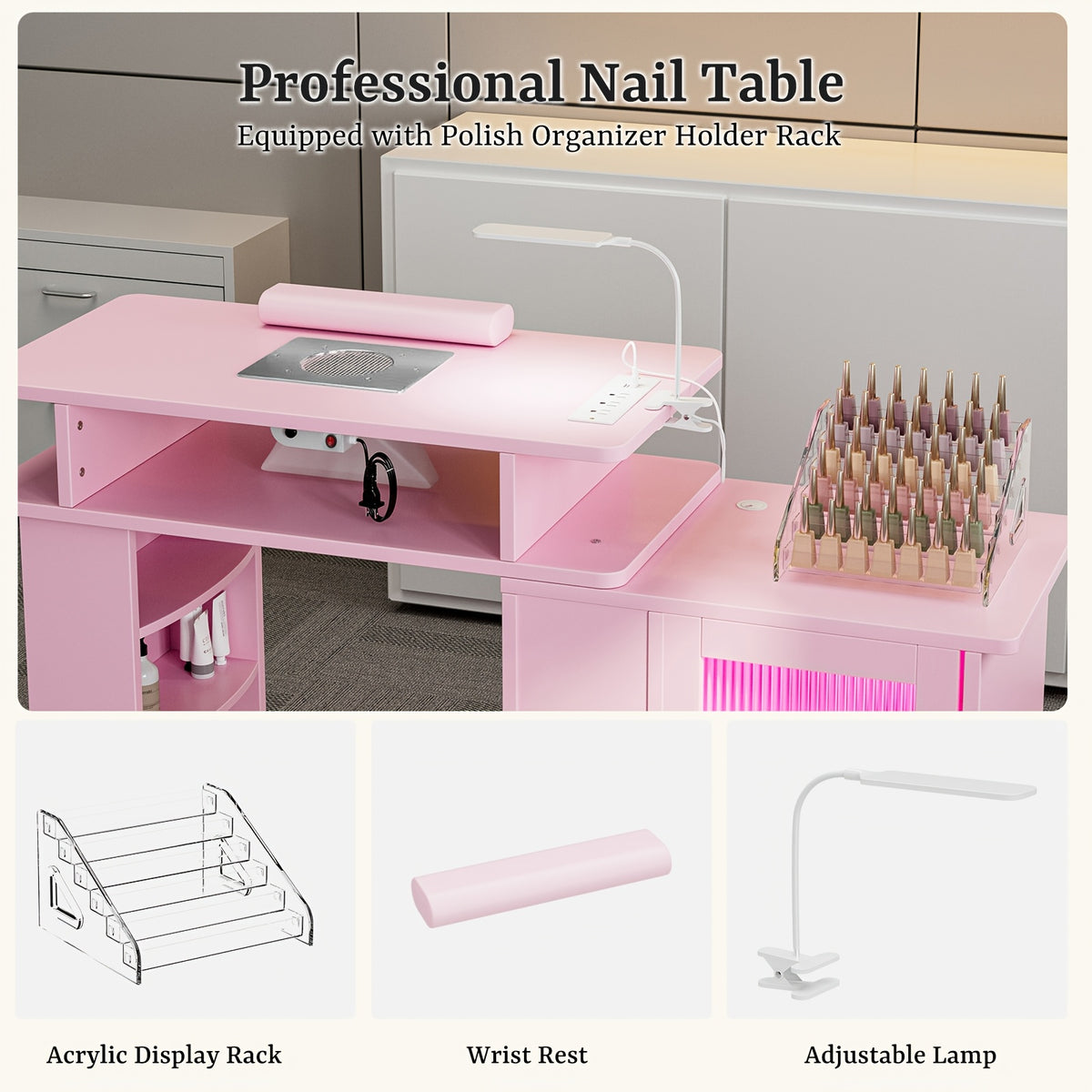 Paddie Manicure Table Nail Desk, Glass Cabinet Door Nail Table Station W/Dust Collector, Removable Acrylic Container, Cabinet And Drawer